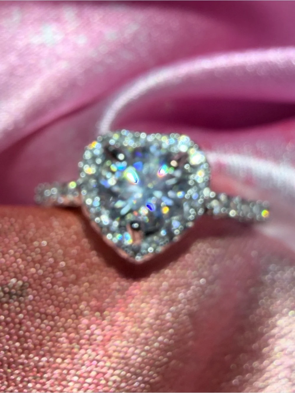 Sparkling Moissanite Heart Shape with Halo and Shimmering Stones on Band